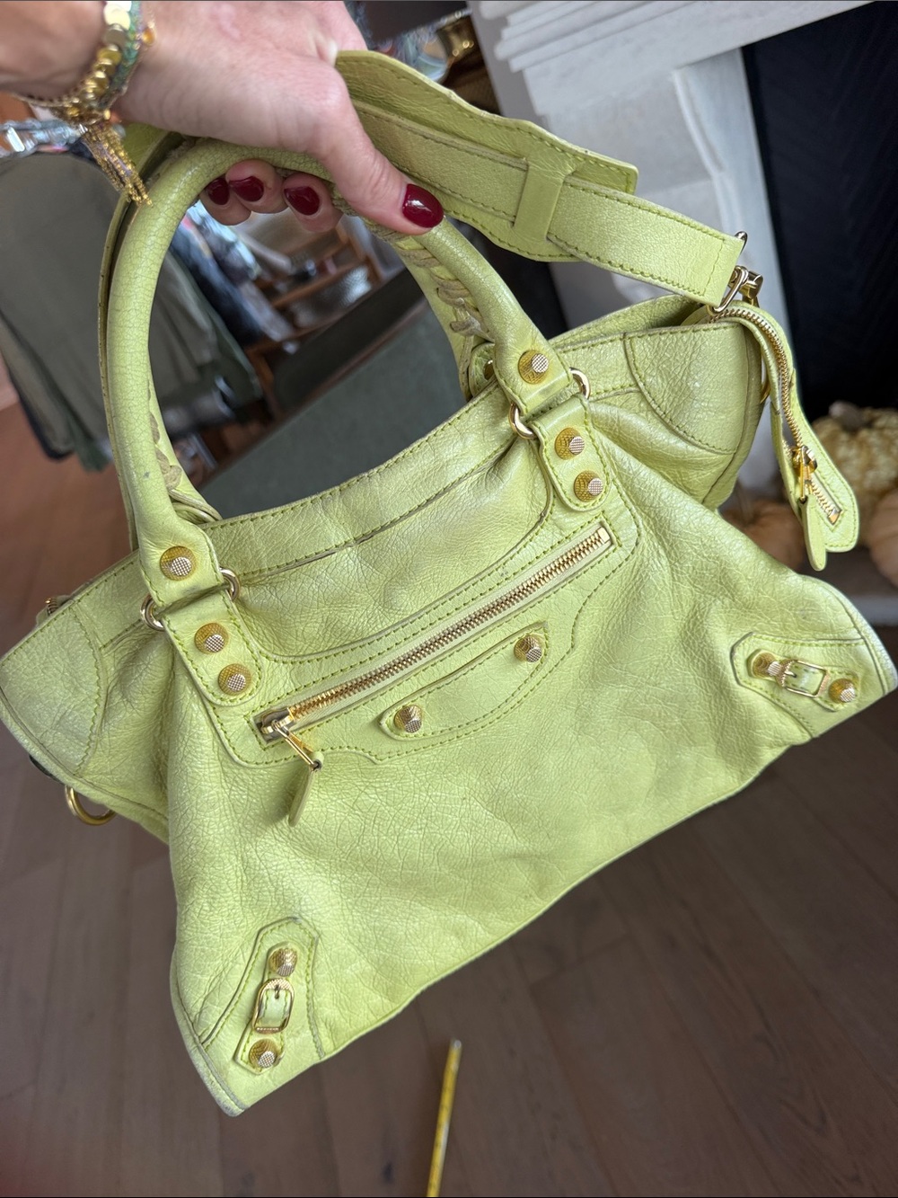 BALENCIAGA lime green Leather Satchel Handbag